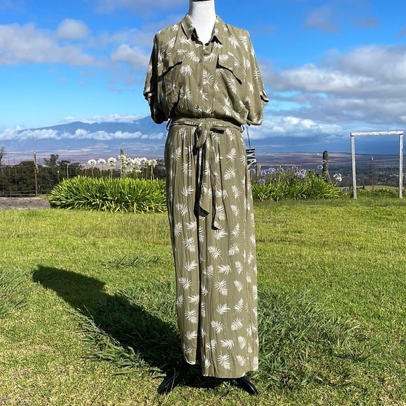 HYFVE Pants - Hyfve Jumpsuit Olive Green Palm Print